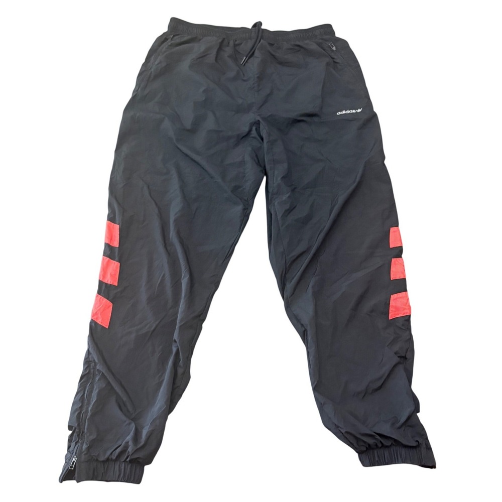 Adidas Mens Trefoil Nylon Track Pants Black Red Ankle Zip Joggers Large Retro